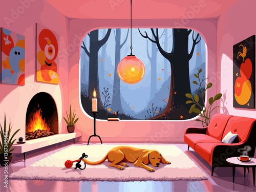 surreal cozy living room with floating elements, glowing fireplace that hovers in mid-air, minimalist furniture