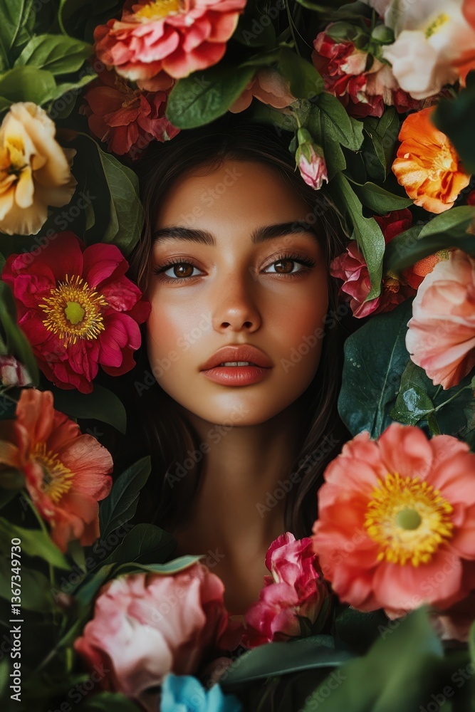 A woman is lying in a bed of flowers A woman is lying in a bed of flowers