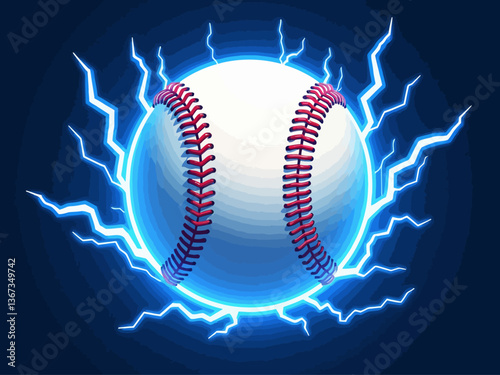  A baseball surrounded by waves of energy with blue lightning and white thunder