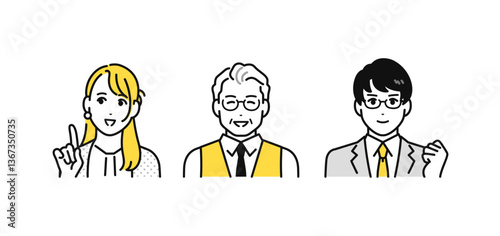 問題が解決して喜ぶ上司と部下のシンプルな人物アイコンセット