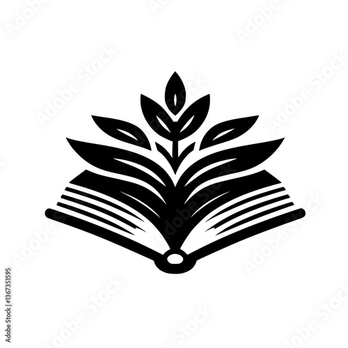 A stylized black and white logo depicting an open book, with leaves emerging from its pages, symbolizing knowledge growth.