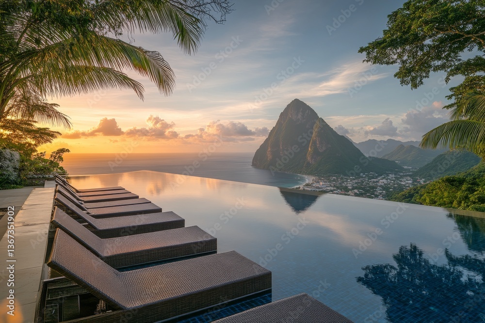 Naklejka premium A sumptuous villa by the sea, complete with an infinity pool offering vistas of palm-dotted hills