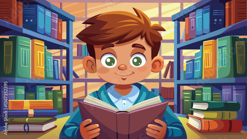 Closeup America boy reading text book in library.