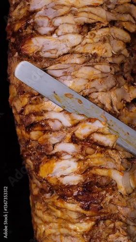 Large piece of meat rotating on grill for shawarma preparation, and chef's hands cutting roasted meat pieces with knife. Restaurant food preparing and cook