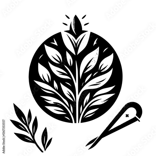 Stylized Black and White Botanical Illustration: Circular Design Featuring a Central Leafy Plant, Additional Sprig, and Pruning Shears on White Background.