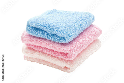 Soft and fluffy towels stacked neatly in pastel colors for a cozy bathroom setting isolated on transparent background