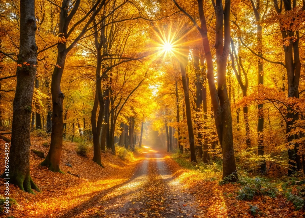 Obraz premium Autumn Forest Path: Sunlit Yellow Leaves Trail, Copy Space