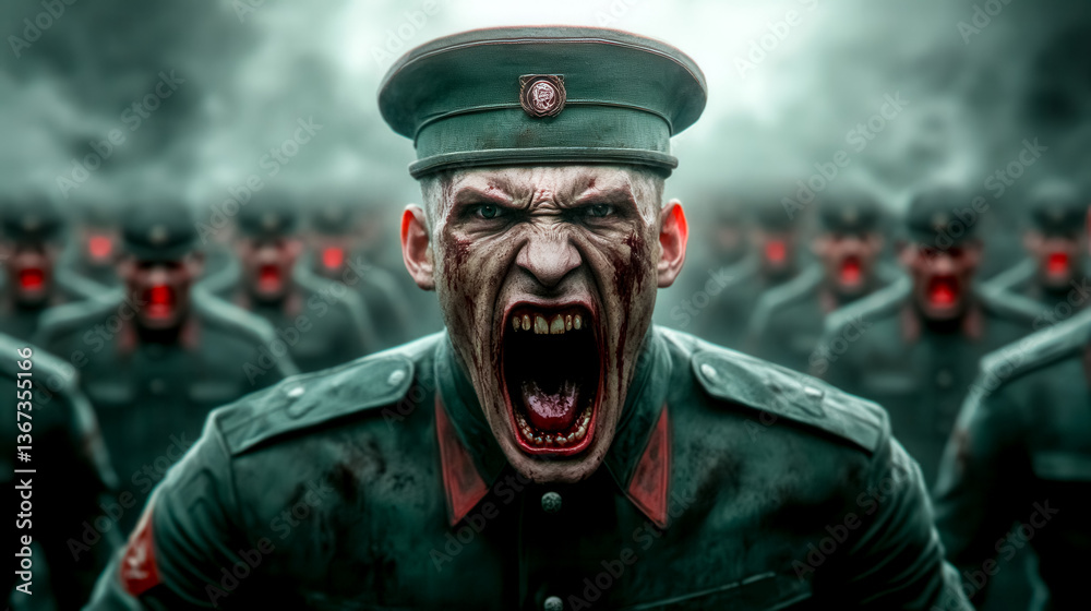 Obraz premium Furious military leader barking orders to rows of obedient soldiers