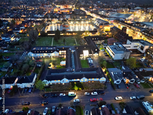 High Angle View of Illuminated Buildings at Central Borehamwood London City of England United Kingdom During Night. April 4th, 2024