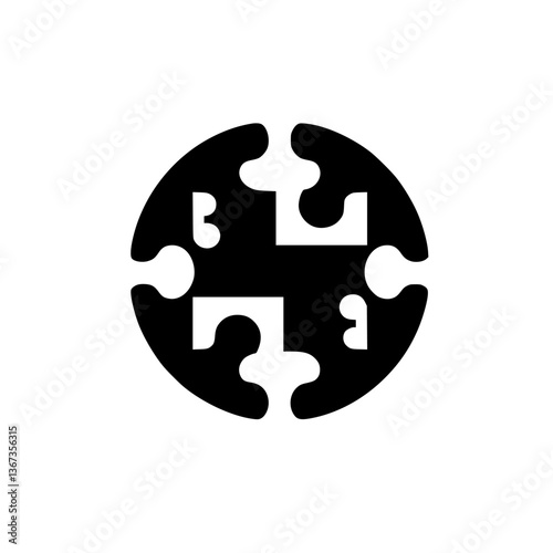 Circular Black Puzzle Symbol with Shadow, a Symbolic Representation of Connection, Completeness, and Problem Solving.