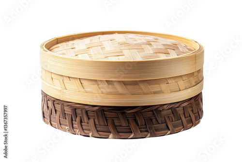 Artisan bamboo steamer showcasing intricate weaving techniques in a well-lit kitchen setting isolated on transparent background