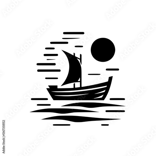 A Stylized Silhouette of a Sailing Boat on a Wavy Sea with the Sun Behind, Executed in a Bold Black and White Graphic Style.