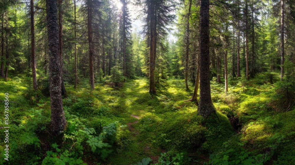 Sunlit path through lush green forest with moss. Sunlit path through lush green forest with moss.