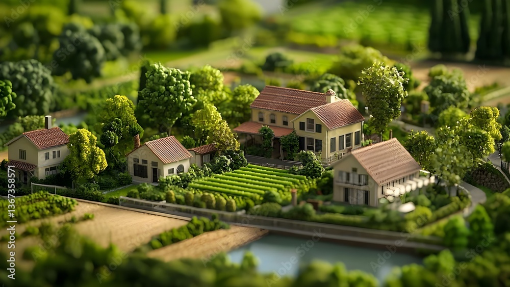 Fototapeta premium A scenic miniature landscape featuring houses, vineyards, trees, and waterways. Concept Miniature Landscape Design, Scenic Model Homes, Vineyard Replicas, Natural Water Features