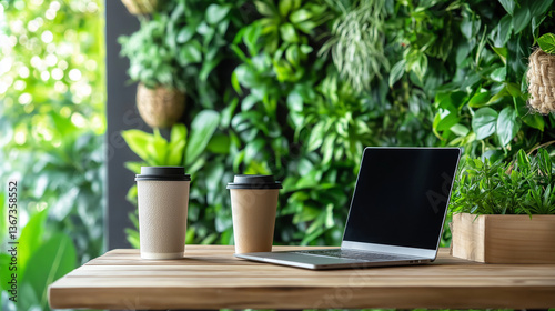 modern office workspace with laptop and coffee cups, greenery copy space for text photo