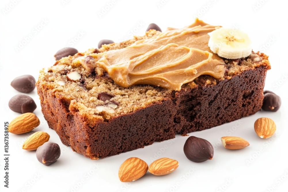 Deliciously moist banana bread topped with creamy peanut butter and sprinkled with nuts isolated on transparent background Deliciously moist banana bread topped with creamy peanut butter and sprinkled with nuts isolated on transparent background