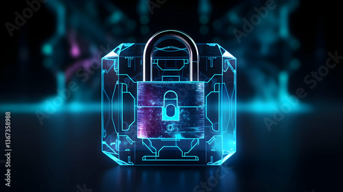 A digital fortress safeguarding precious data, a glowing blue lock embedded in a crystalline shield against a dark, tech-infused backdrop.