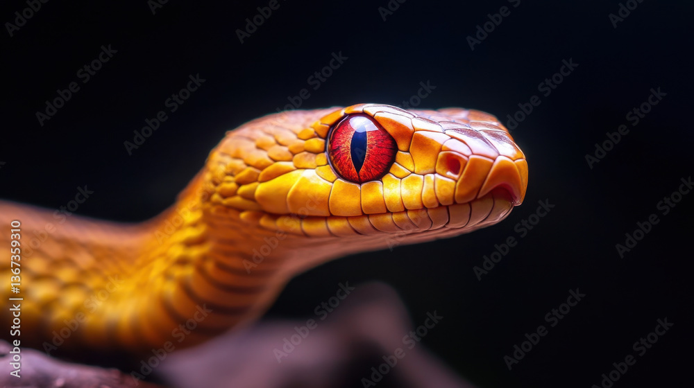 close up of snake with striking red pupils and vibrant orange scales, showcasing intricate textures and details. image captures snake intense gaze, evoking sense of fascination and intrigue close up of snake with striking red pupils and vibrant orange scales, showcasing intricate textures and details. image captures snake intense gaze, evoking sense of fascination and intrigue
