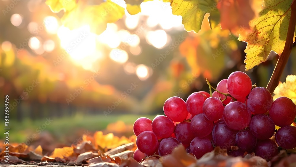 Fototapeta premium A cluster of red grapes rests on the ground amidst autumn leaves, with a sunlit vineyard in the background. Concept Red Grapes on Ground, Autumn Leaves, Sunlit Vineyard, Nature's Bounty