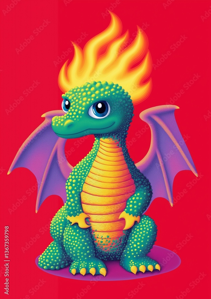 Obraz premium Cartoon dragon with flaming head on red background