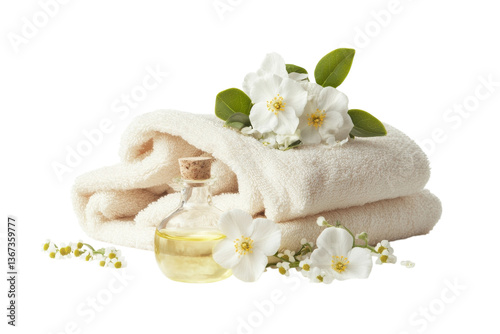 Relaxing spa arrangement featuring elegant towels and soothing essential oil with blossoms isolated on transparent background