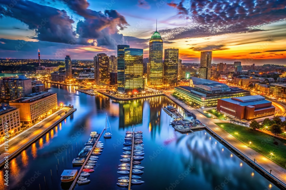 Obraz premium Baltimore Harbor Night Drone Photography: Cityscape Lights Reflecting on Water
