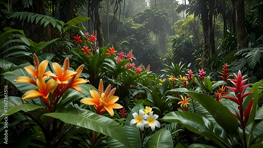 Fototapeta premium A breathtaking scene of colorful tropical blooms like frangipanis and ginger flowers, framed by abundant, lush greenery in a tropical rainforest.