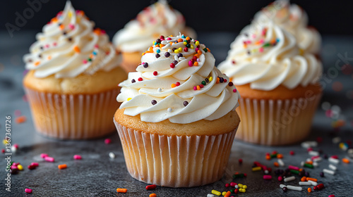 Delicious vanilla cupcakes topped with creamy frosting and colorful sprinkles.