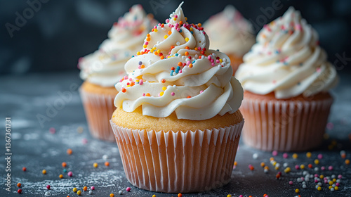 Delicious vanilla cupcakes topped with creamy frosting and colorful sprinkles, perfect for any celebration.