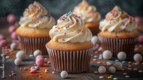 Delicious vanilla cupcakes topped with creamy frosting and colorful sprinkles, perfect for celebrations.