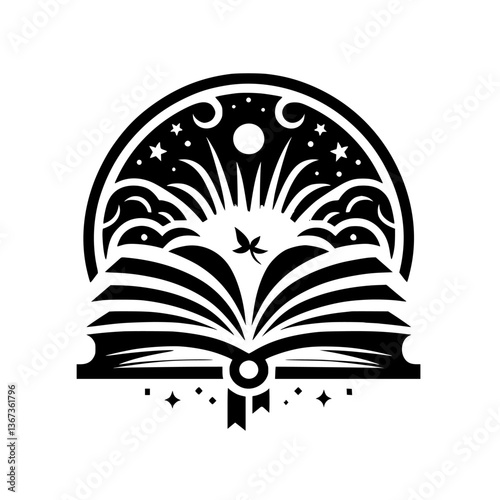 A stylized monochrome logo features an open book with radiating light, stars, moon, and clouds, symbolizing knowledge and fantasy within a circular frame.