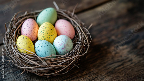 Colorful Easter Eggs in a Rustic Woven Nest on Aged Wood