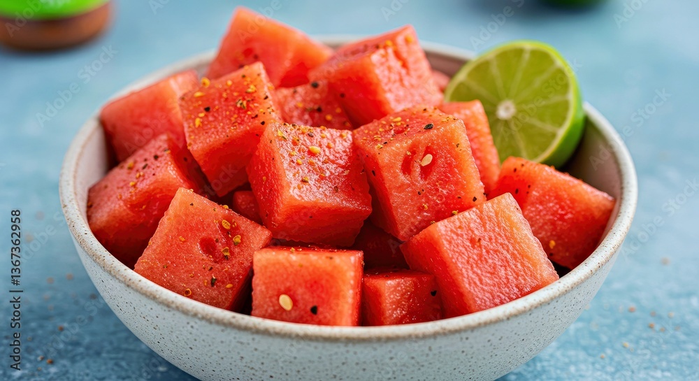 A Ceramic Bowl Is Filled With Neatly Cut Watermelon Cubes, Their Juicy Red Flesh Glistening A Ceramic Bowl Is Filled With Neatly Cut Watermelon Cubes, Their Juicy Red Flesh Glistening