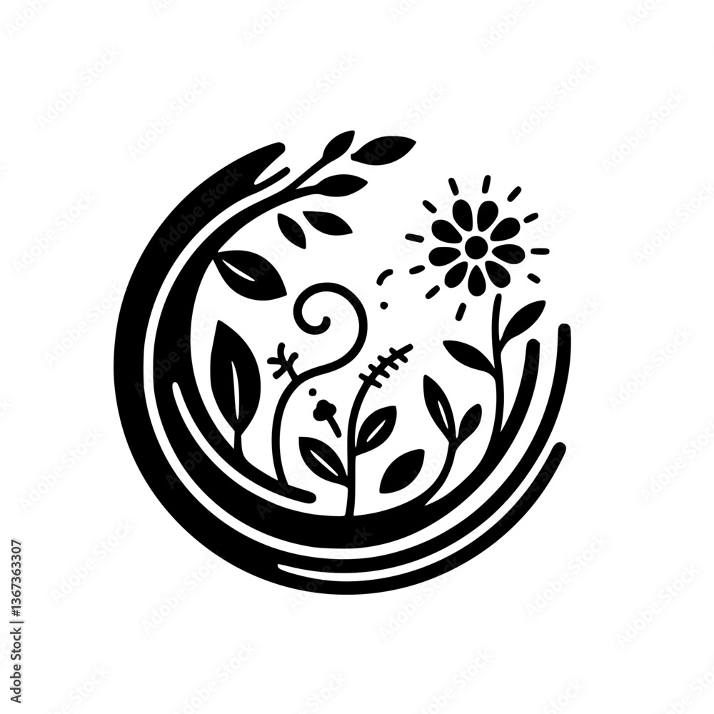 Fototapeta premium Intricate Monochrome Botanical Composition: A Floral and Foliage Arrangement Within a Circular Frame, Evoking Nature's Elegance.