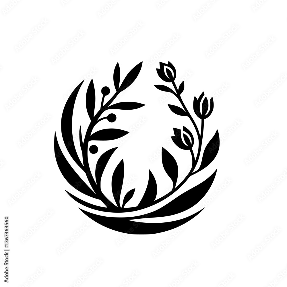 Fototapeta premium Elegant Black & White Floral Crest: A stylized, symmetrical design featuring leaves, berries, and budding flowers arranged in a circular, naturalistic composition.