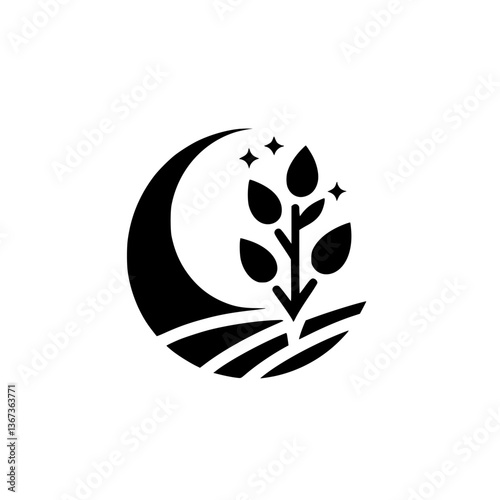 Symbolic Black and White Logo of a Crescent Moon, Growing Plant, Stars, and Cultivated Field, Representing Growth and Nature.