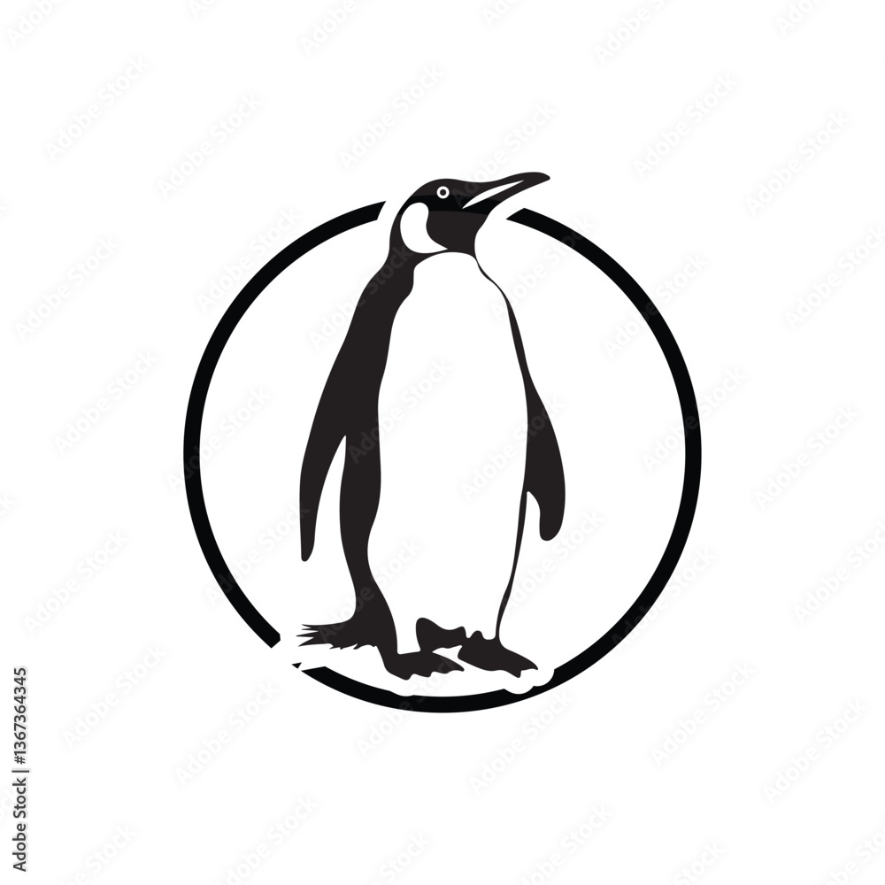 Obraz premium Black and White Penguin Illustration – Minimalist Silhouette of a Standing Penguin in Circular Frame