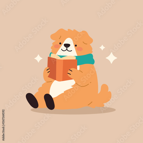 Cute сartoon puppy dog mascot. Puppy wearing a cozy scarf, happily reading a book. Warm illustration perfect for book lovers, autumn vibes, and cozy storytelling themes. Vector isolated illustration.