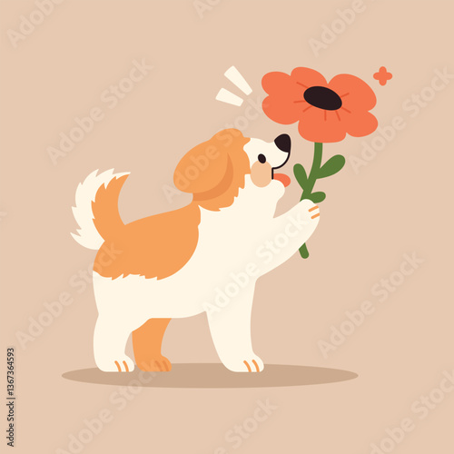 Cute сartoon puppy dog mascot. Dog holding a big red flower with happiness. Heartwarming illustration for pet lovers, greeting cards, and romantic or friendly designs. Vector isolated illustration.