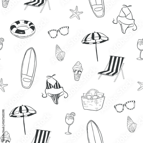 Summer beach elements vector seamless pattern in whimsical hand drawn style. Girly flat illustrations.