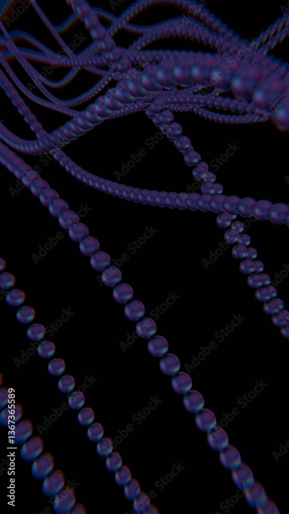 Obraz premium Strings of purple spheres form a flowing wave pattern on a black background, blending illusions and technology into a dynamic, futuristic design........