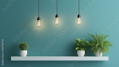 minimalist interior design with hanging lights and shelf decor on a blue wall background photo