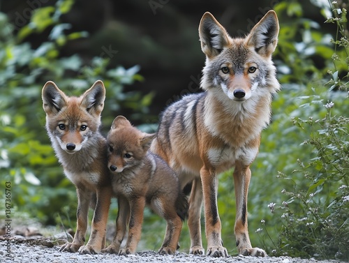 A coyote family portrait shows a mother and two adorable pups standing together in a lush green forest setting.