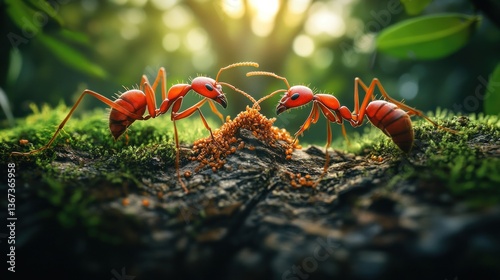 Red Ants are sending food to each other teamwork
