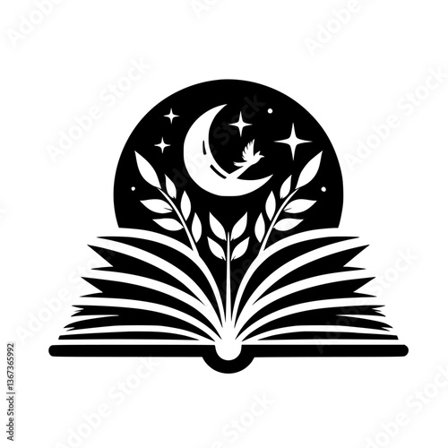 A black and white logo depicting an open book with sprouting leaves, a crescent moon and stars, and a flying bird inside a circle.