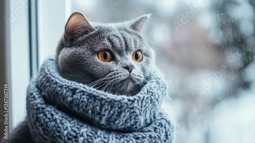 Grey Cat in Knitted Scarf by the Window on a Snowy Day