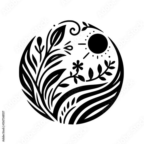 Black and white minimalist botanical illustration depicting flourishing plants, sun, and foliage within a circular frame, conveying organic growth.