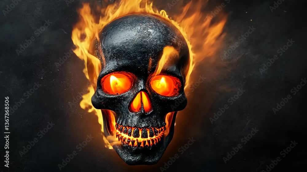 Glowing skull surrounded by flames creates a dramatic and intense visual effect in a dark setting