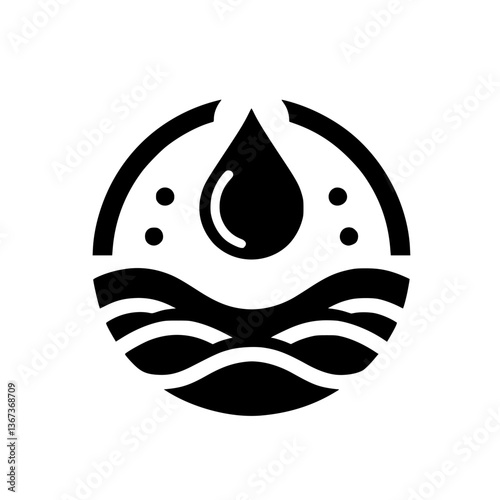 Stylized Black and White Circular Icon Depicting a Water Drop Above Waves, Symbolizing Fresh Water and its Source.