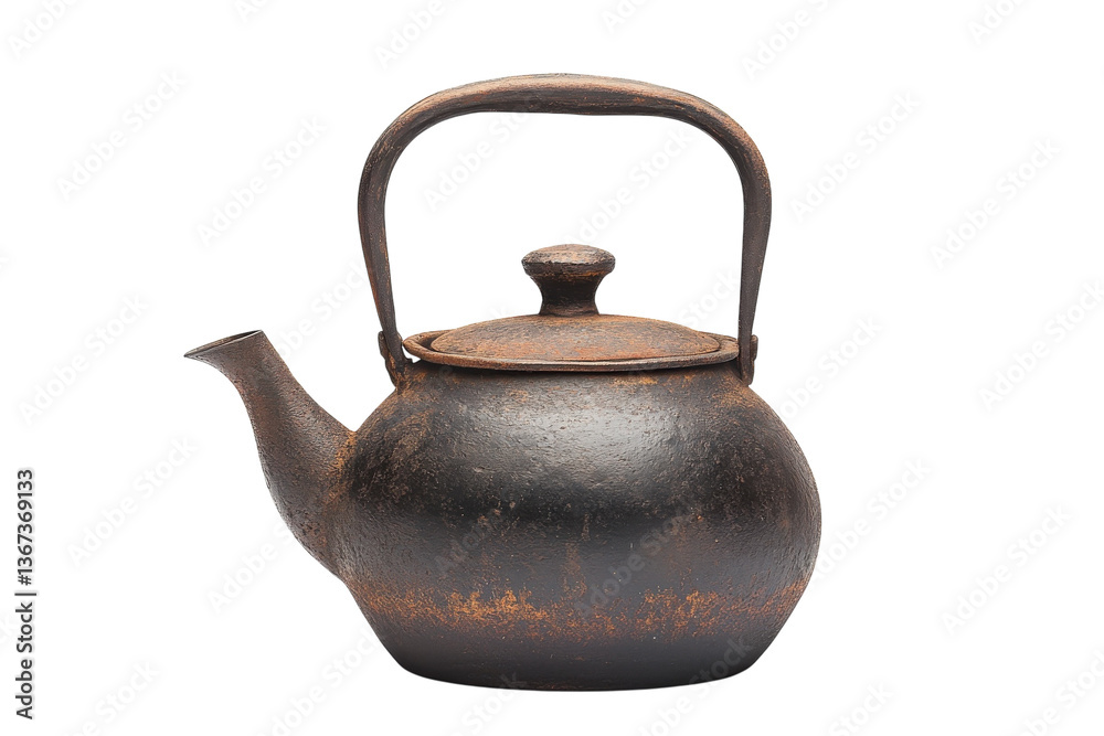 Artfully aged cast iron kettle on display, showcasing unique texture and craftsmanship isolated on transparent background Artfully aged cast iron kettle on display, showcasing unique texture and craftsmanship isolated on transparent background